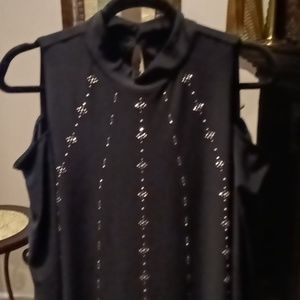 NWT WH/BM black cut-out shoulders mock neck dress w jeweled silver & gold trim M